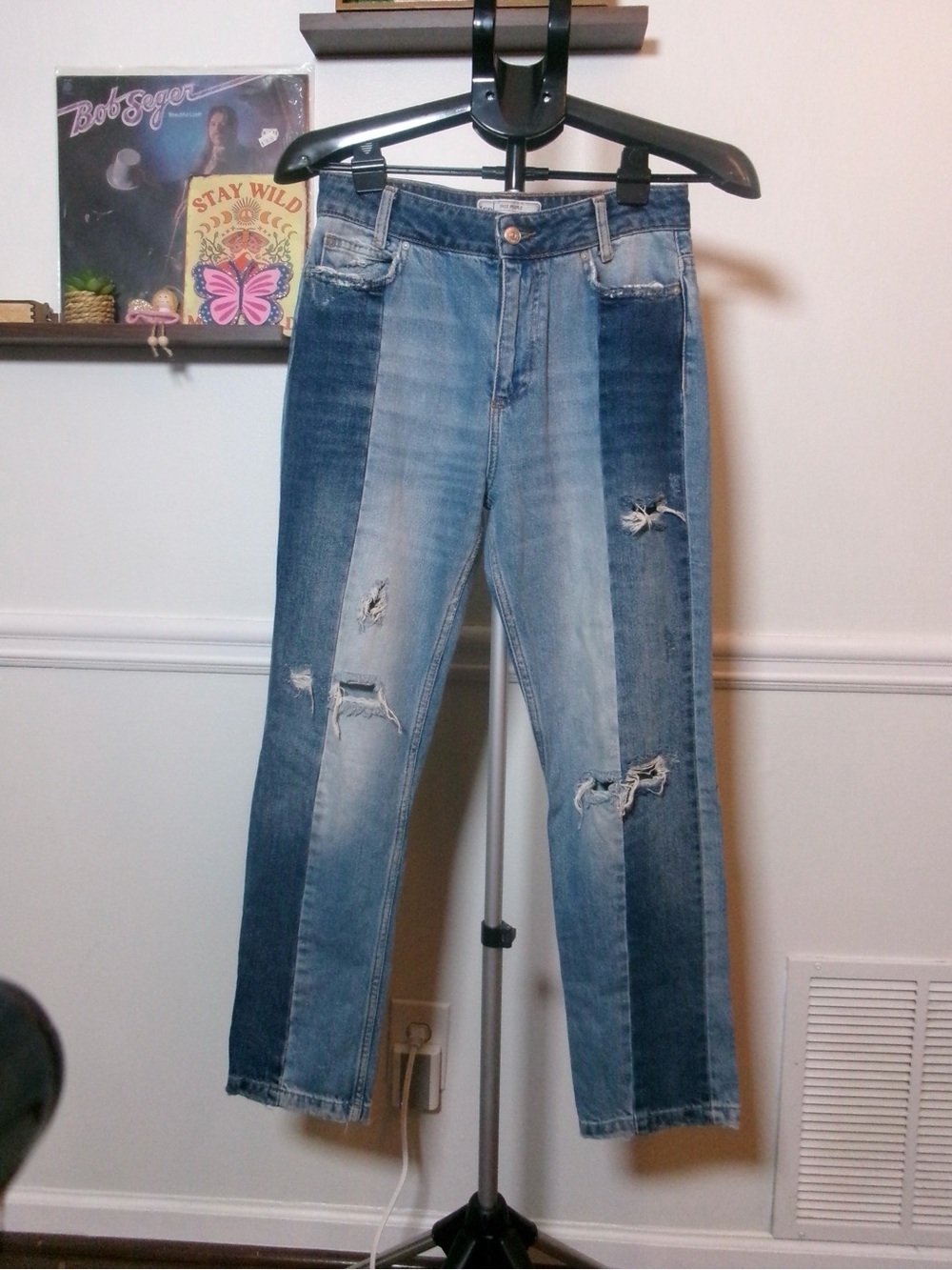 FREE PEOPLE Two-Tone Distressed Patchwork Jeans w/ Contrast Pockets